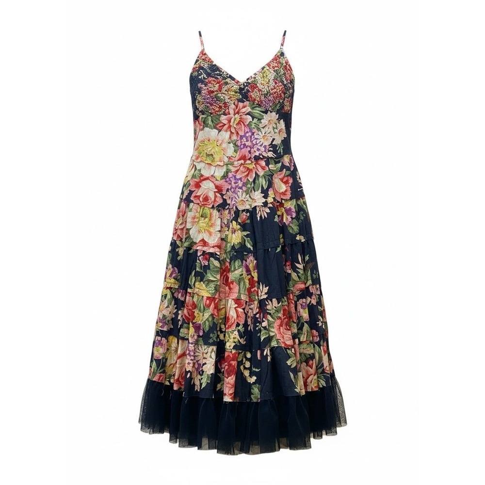 Black Floral Print Midi Dress Tiered-Skirt‎ Smocked Bodice Sz S #100Y